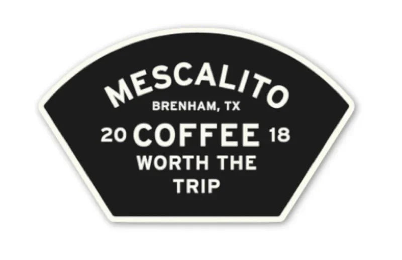 The Shop Stickers | Mescalito Coffee by Mescalito Coffee feature a black and white coffee filter design with "Mescalito Brenham, TX 2018 Coffee Worth the Trip"—great inspo for small town coffee shop decor.