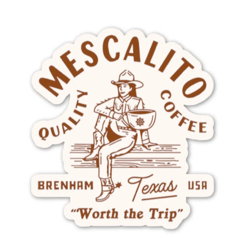 Mescalito Coffee’s Shop Stickers feature a classic coffee shop logo with a cowboy holding a cup, plus "Brenham Texas USA" and "Worth the Trip"—the ideal emblem for your local spot. Brand: Mescalito Coffee.