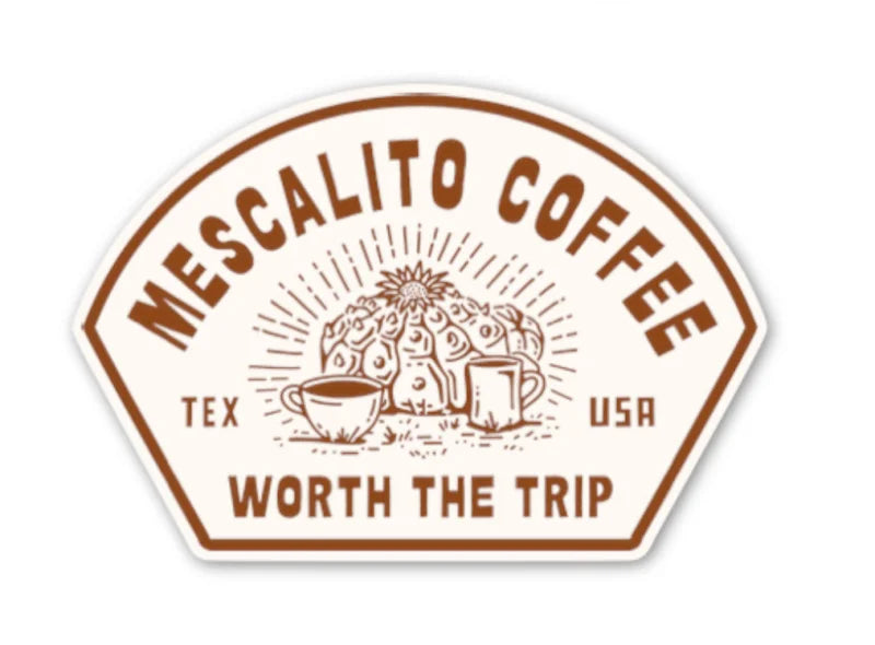 Mescalito Coffee’s Shop Stickers feature a brown and white logo with "Worth the Trip," coffee cup, mug, cactus illustrations, and "TEX USA"—perfect for small town coffee shop vibes. Brand: Mescalito Coffee.