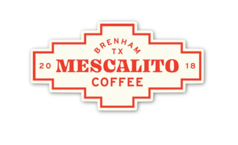A cream and red Shop Sticker features a bold "Mescalito Coffee" logo with a geometric border—ideal for branding your small town coffee shop.