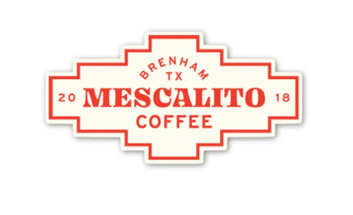 A cream and red Shop Sticker features a bold "Mescalito Coffee" logo with a geometric border—ideal for branding your small town coffee shop.