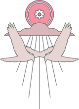 Two stylized birds with outstretched wings face each other below a pink sun, cloud, and decorative flower—perfect for small town coffee shop vibes. Shop Stickers | Mescalito Coffee by Mescalito Coffee features rays extending downward.