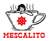 Shop Stickers | Mescalito Coffee: Features an illustration of a woman with red cheeks relaxing in a steaming teacup, accented by a red star-shaped flower and "MESCALITO" in bold red letters—perfect for cozy small town coffee shop vibes.