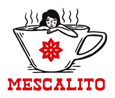 Shop Stickers | Mescalito Coffee: Features an illustration of a woman with red cheeks relaxing in a steaming teacup, accented by a red star-shaped flower and "MESCALITO" in bold red letters—perfect for cozy small town coffee shop vibes.