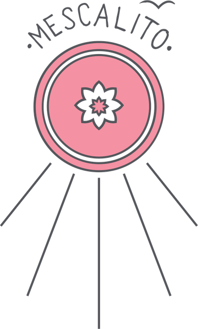 A pink circular logo sticker featuring a black eight-pointed star and "MESCALITO" above, by Mescalito Coffee—ideal for unique coffee shop designs or branding. Shop Stickers | Mescalito Coffee.